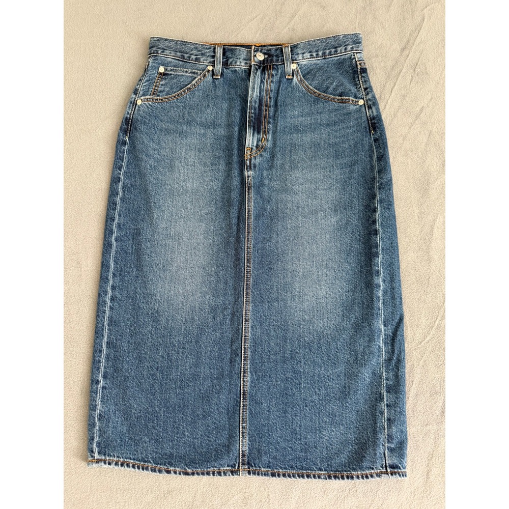 Levis Premium HR Back Slit Skirt Womens 30 Medium Wash Denim Midi Straight Slit